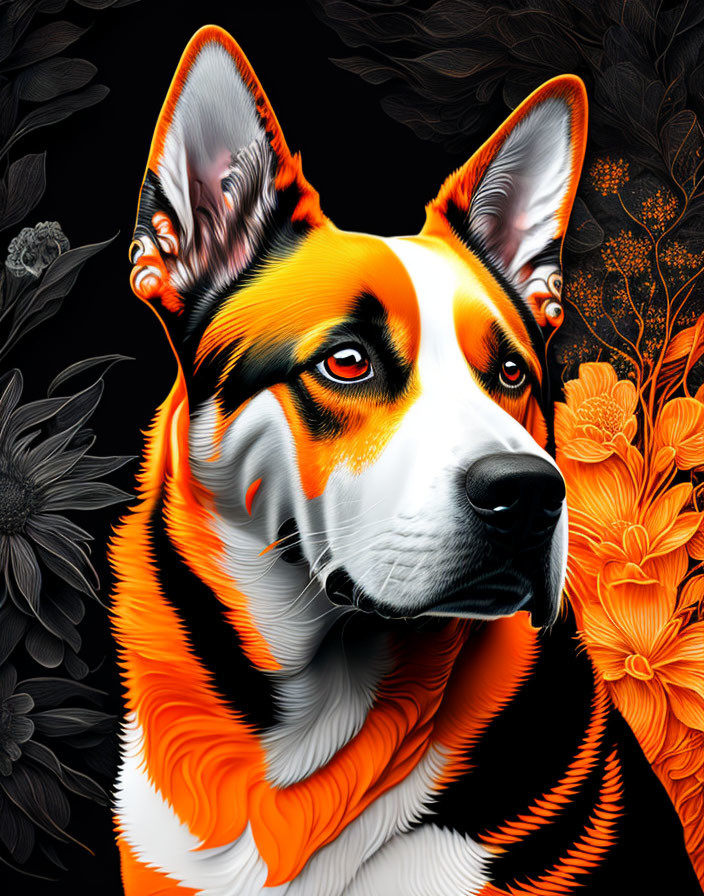 Digital artwork: Striking orange and white fur dog against black background