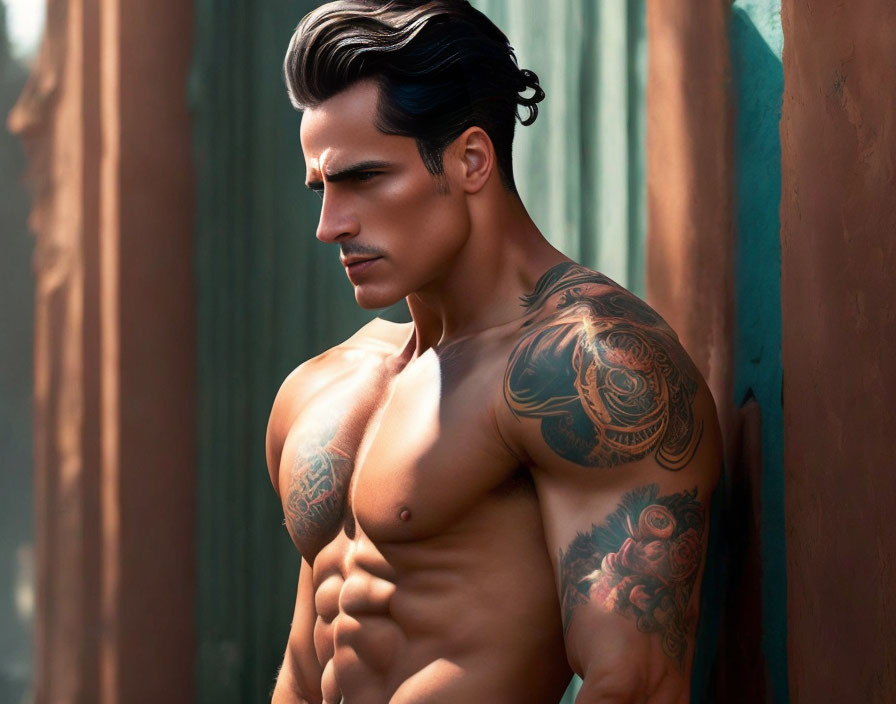 Muscular man with slicked-back hair showcasing intricate arm tattoos.