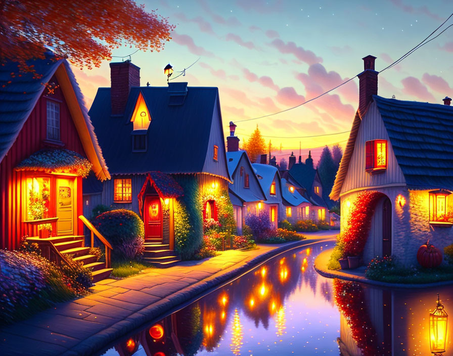 Quaint village scene: warmly-lit homes, glowing street lamps, tranquil canal, autumn leaves.