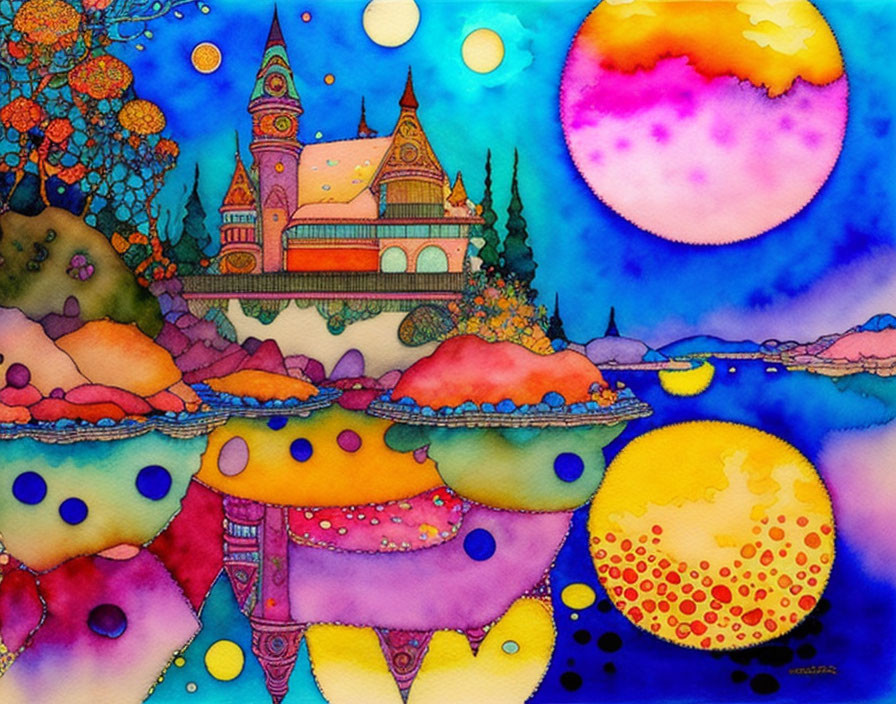 Whimsical watercolor painting of colorful landscape with castle