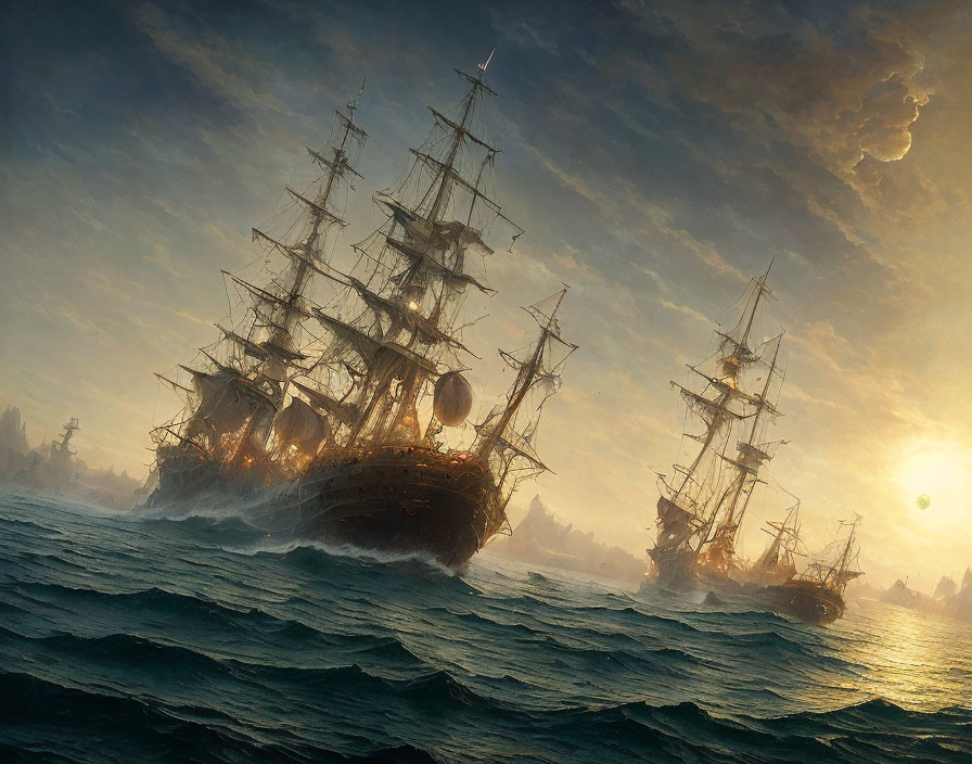 Three old sailing ships on turbulent sea at sunset with dramatic sun rays piercing clouds