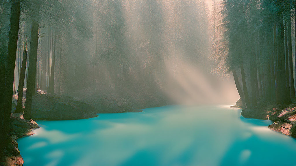 Misty forest with sunbeams on serene turquoise river