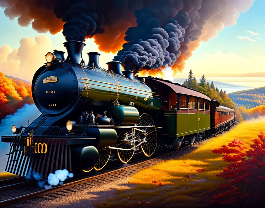 Classic steam locomotive in vibrant autumn landscape.