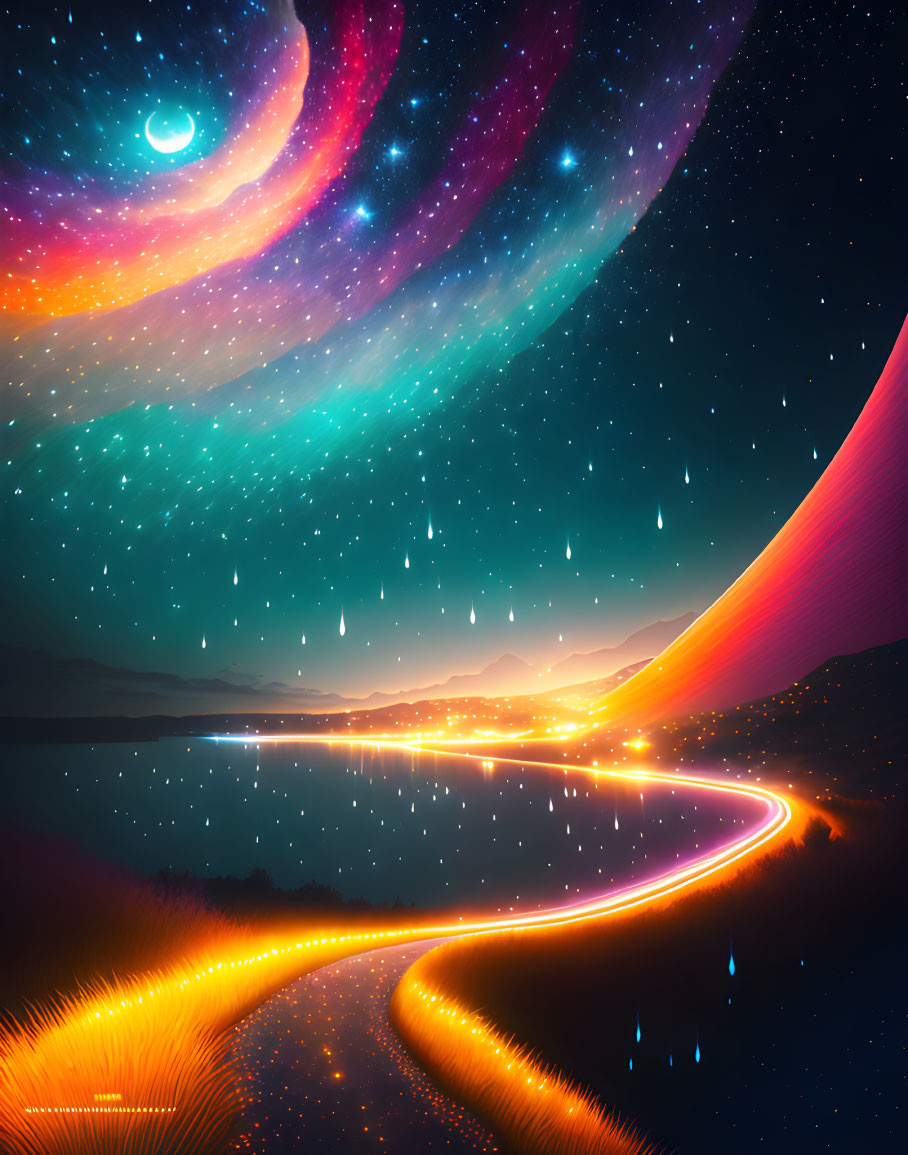 Vibrant digital art: winding road, orange lights, whimsical night sky