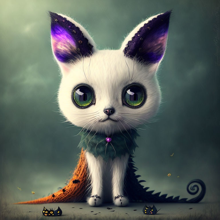 Whimsical kitten illustration with oversized green eyes and purple-tipped ears