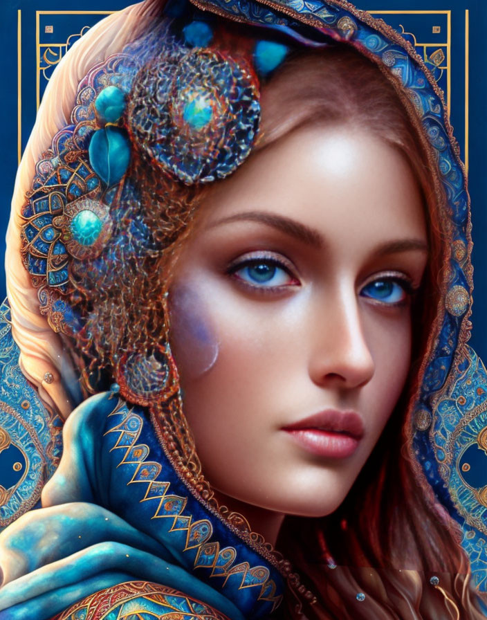 Captivating blue-eyed woman with ornate golden headpiece and blue scarf