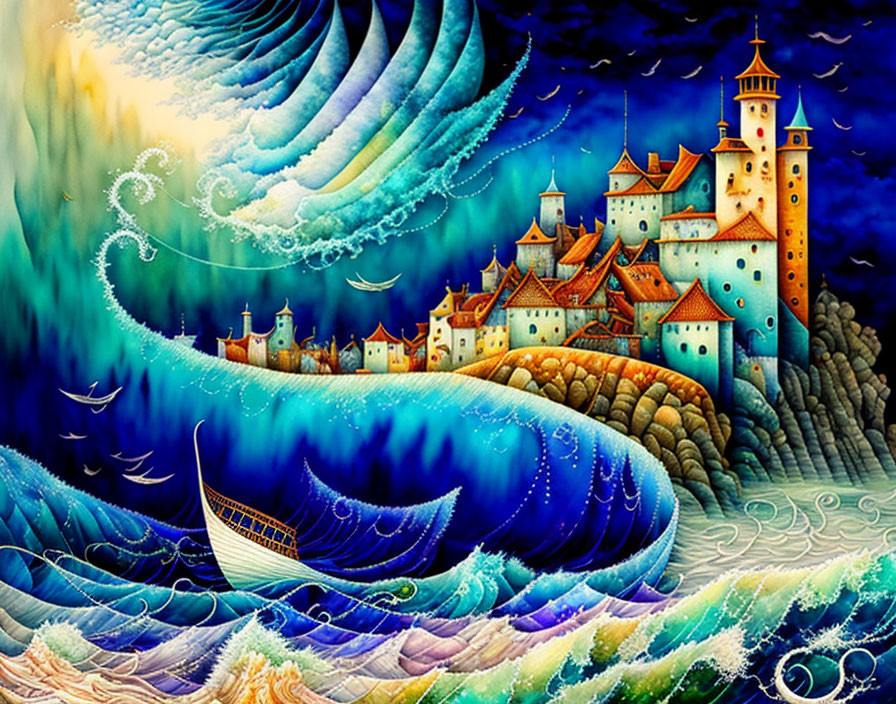 Colorful painting of coastal castle town with stormy sky