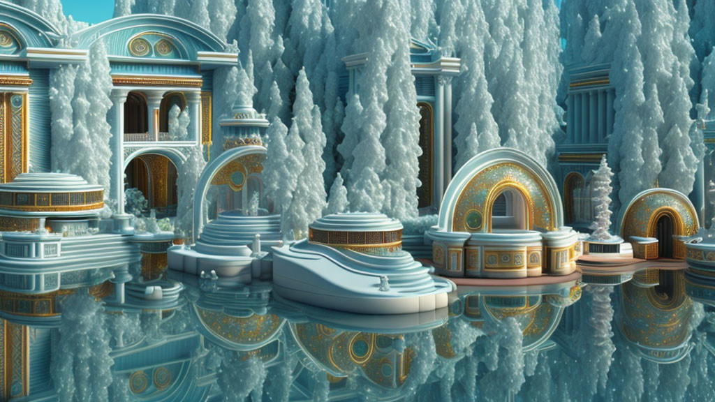 Frozen Waterfalls Surround Fantasy Ice Architecture