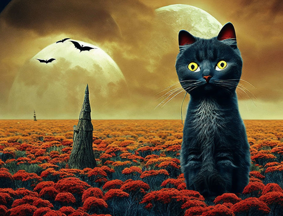 Majestic black cat in surreal moonlit landscape