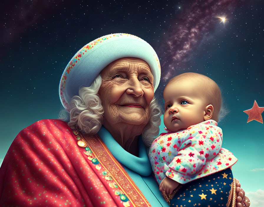 Elderly woman with baby under starry sky portrait