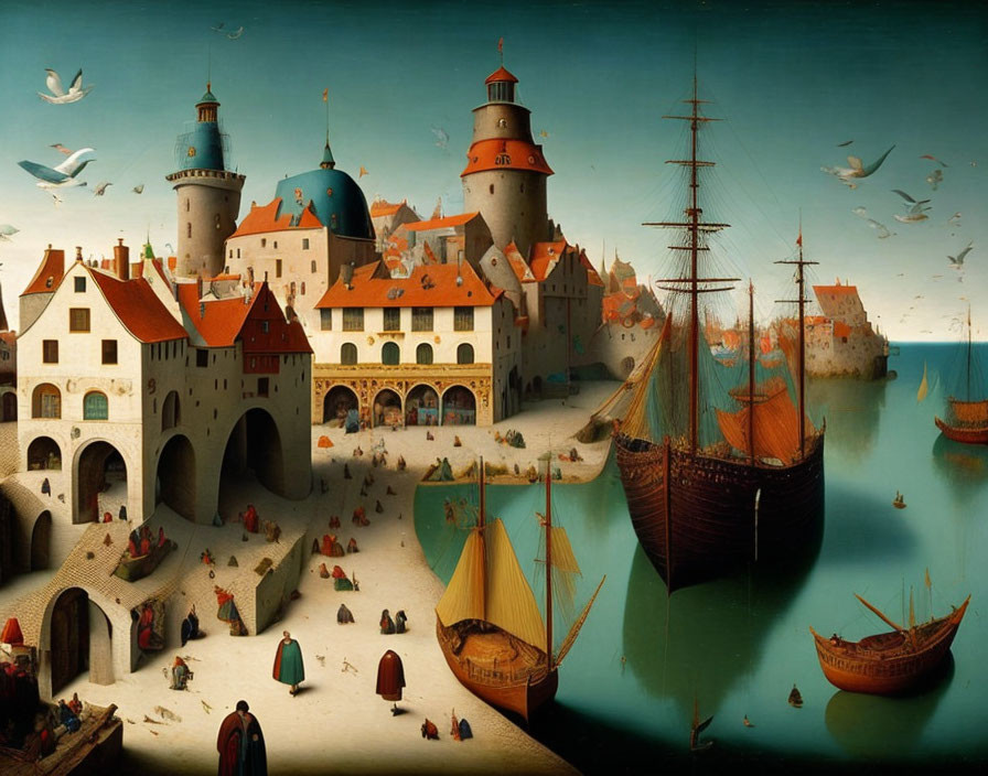 Medieval harbor scene with ships, buildings, and people under a clear blue sky.