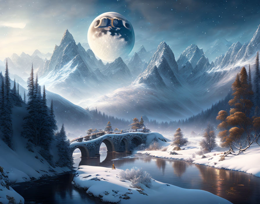 Detailed Winter Night Landscape: Moonlit Mountains, Starry Sky, Ornate Bridge