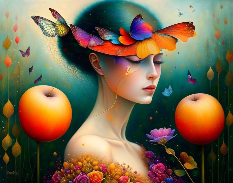 Surreal artwork: woman with butterfly hat, floating apples, flowers on shoulder in dreamy scene