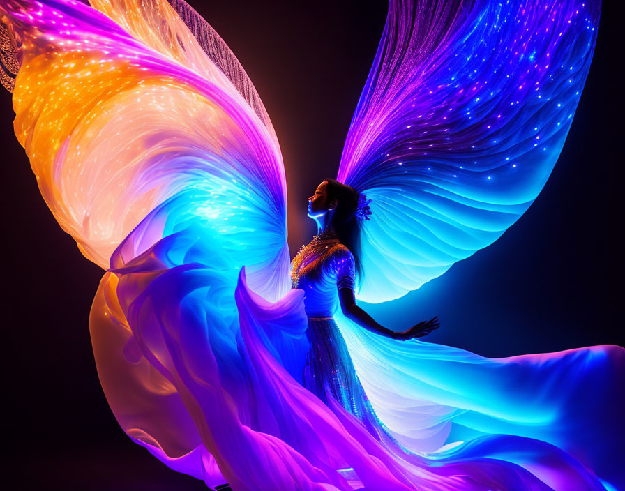 Illuminated dancer with purple and blue wings on dark background