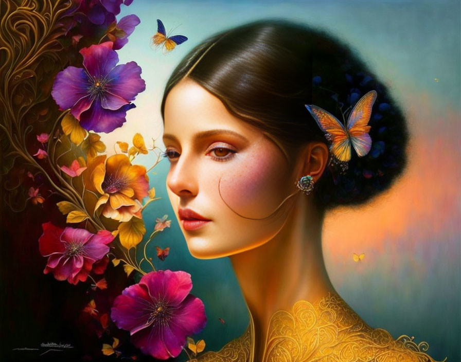 Woman's portrait with flowers and butterflies in hair symbolizing harmony with nature