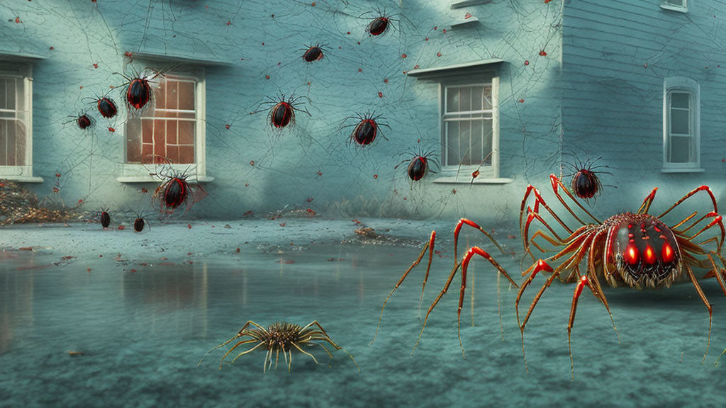 Surreal oversized spiders on flooded street with gloomy atmosphere