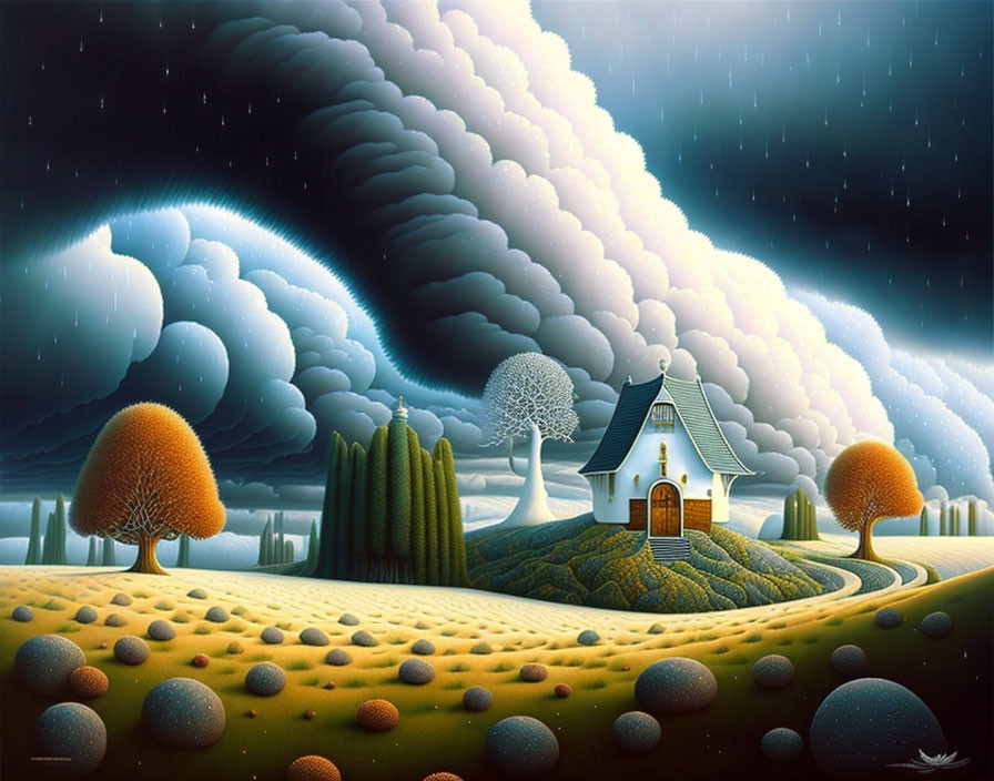 Surreal landscape with small house, stylized trees, and rolling hills