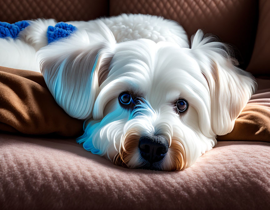 Fluffy white dog with blue eyes on brown couch under blanket