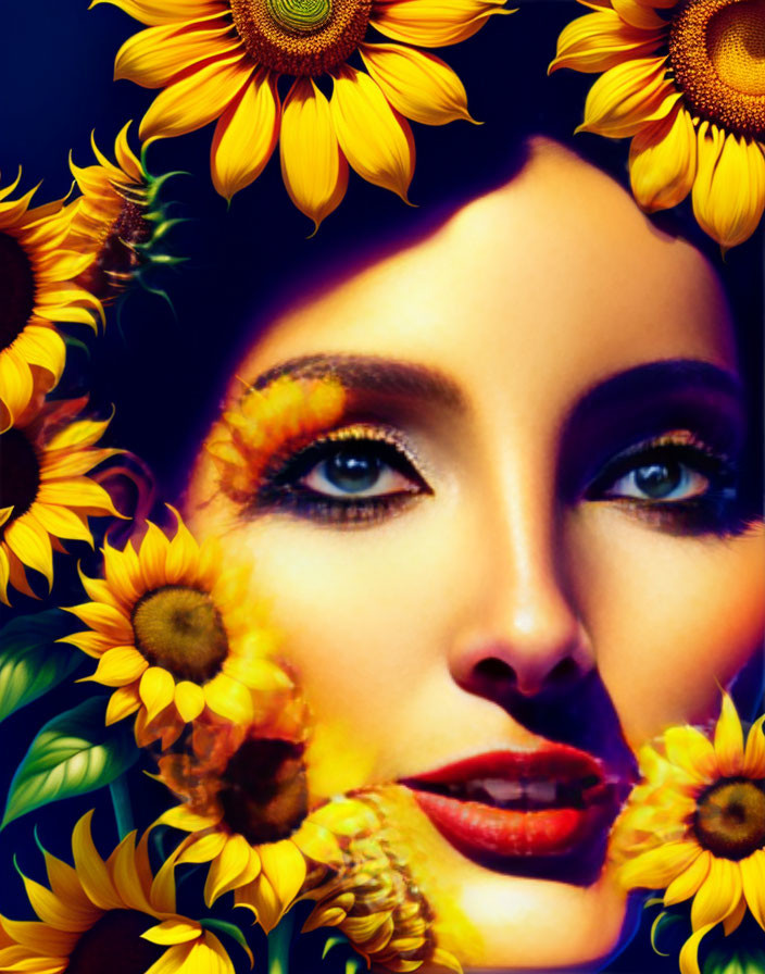 Close-up of woman with sunflower-themed makeup among bright sunflowers on dark backdrop