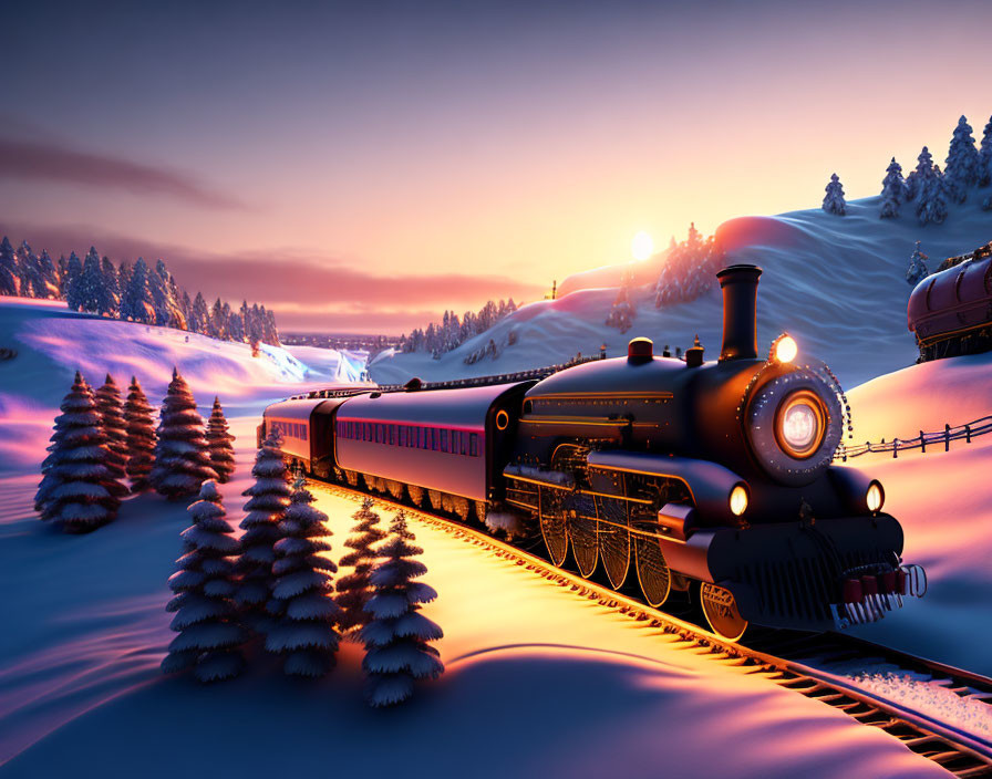 Vintage steam train in snowy landscape at dusk with illuminated carriages