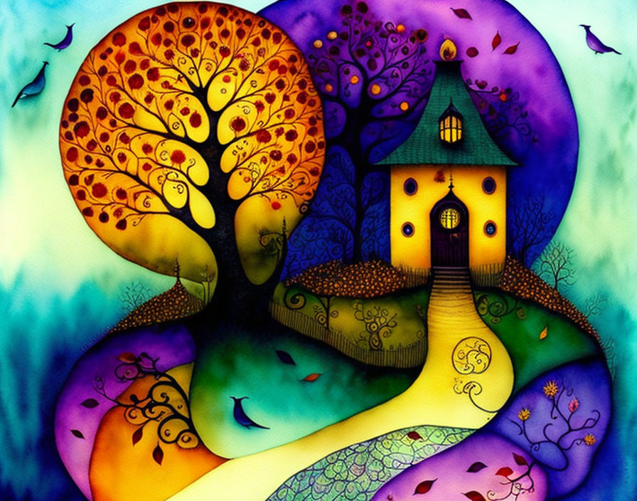 Colorful tree and cottage art with swirling patterns and birds