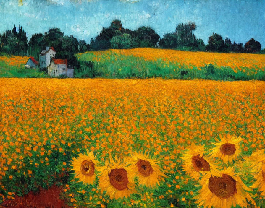 Colorful painting of sunflowers in a green landscape with blue sky