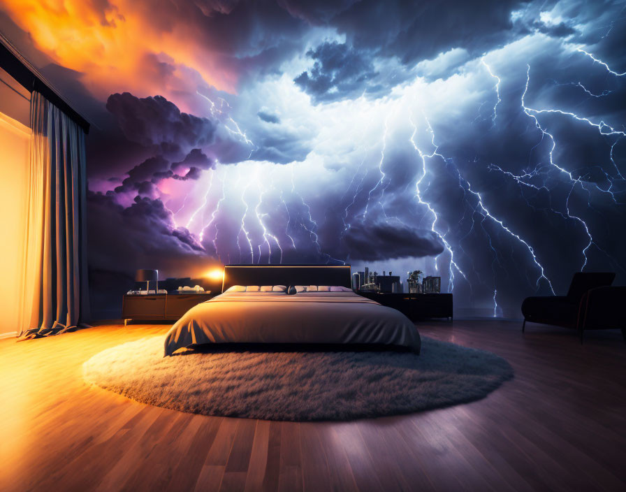 Modern bedroom with large window and dramatic thunderstorm view.