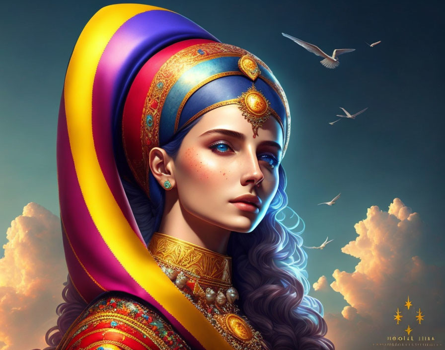 Colorful digital artwork of a woman with vibrant flowing hair and headpiece in shades of purple, blue