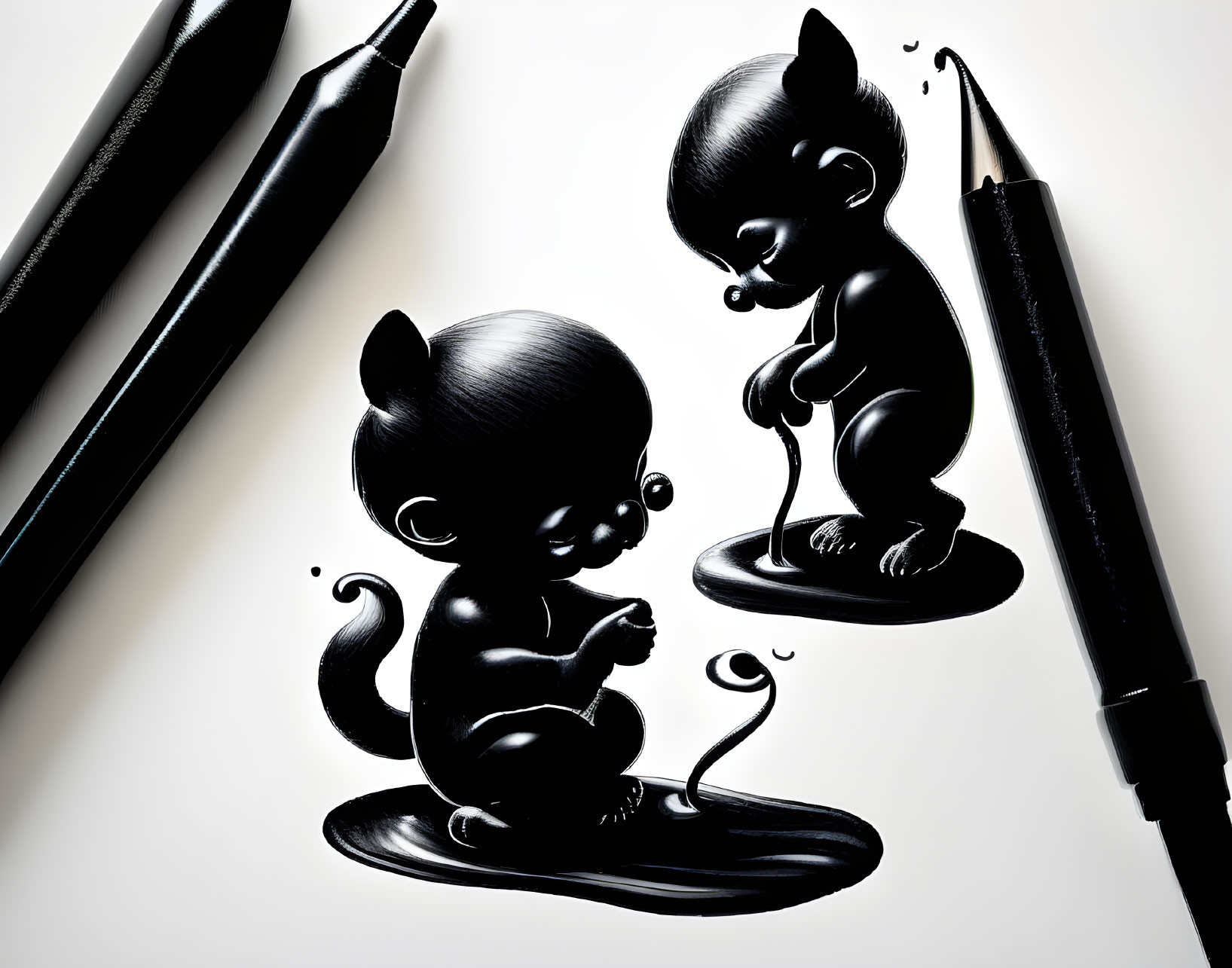 Stylized cartoon mice in black and white with glossy surfaces playing with artist's pens