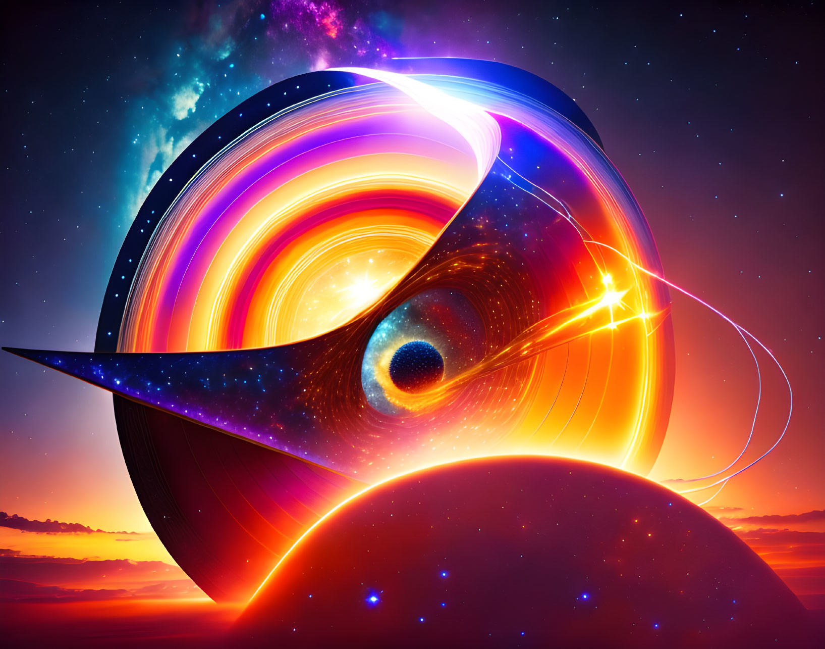 Colorful digital artwork: Black hole warping spacetime, vibrant light bands, starry sky.