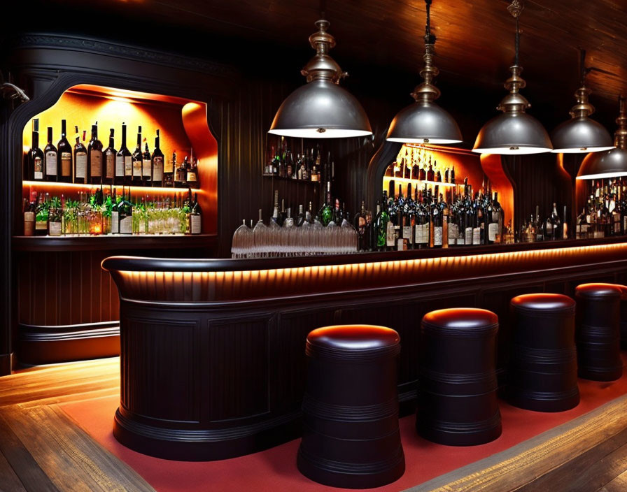 Dark Wooden Counter, Leather Stools, Backlit Liquor Display, Pendant Lights - Elegant Bar Setting