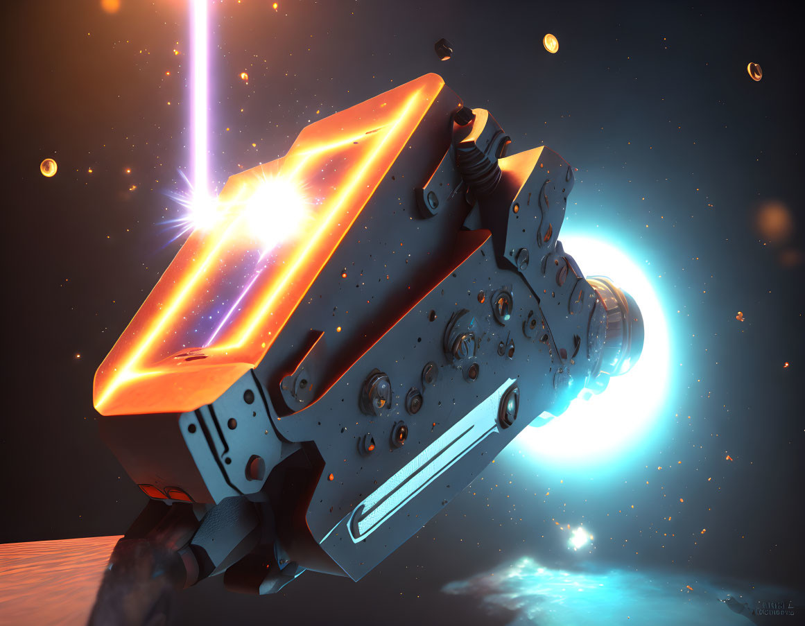 Futuristic spacecraft firing beam weapon in cosmic scene