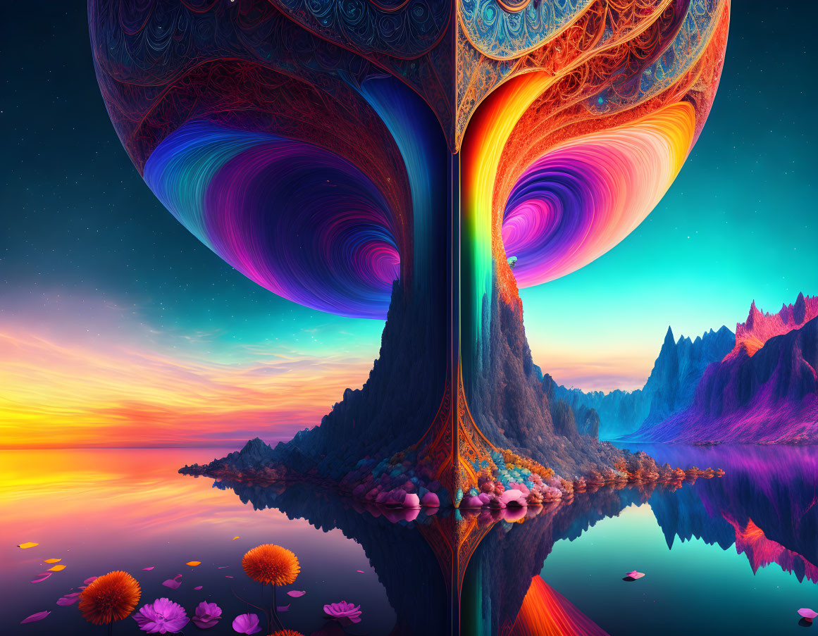 Surreal tree reflected in water at colorful sunset