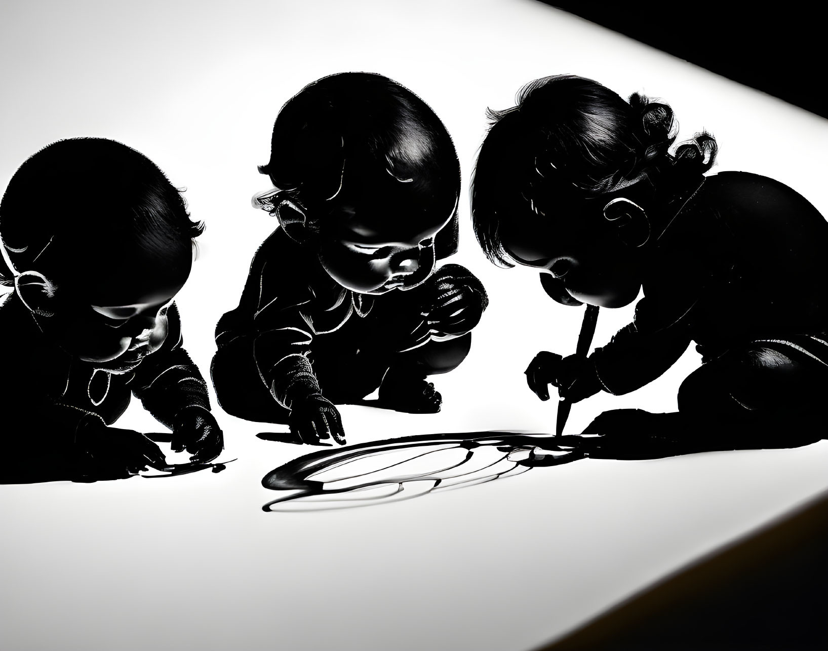 Silhouetted toddlers drawing on paper in high contrast setting