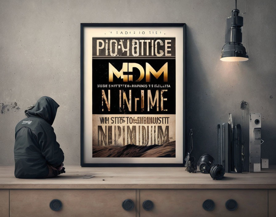 Hooded figure gazes at abstract lettered poster in industrial room