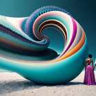 Couple observing vibrant spiral structure on sandy terrain