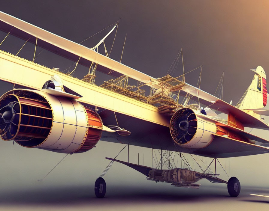 Vintage Biplane with Golden Skeletal Overlays in Warm Ambient Lighting