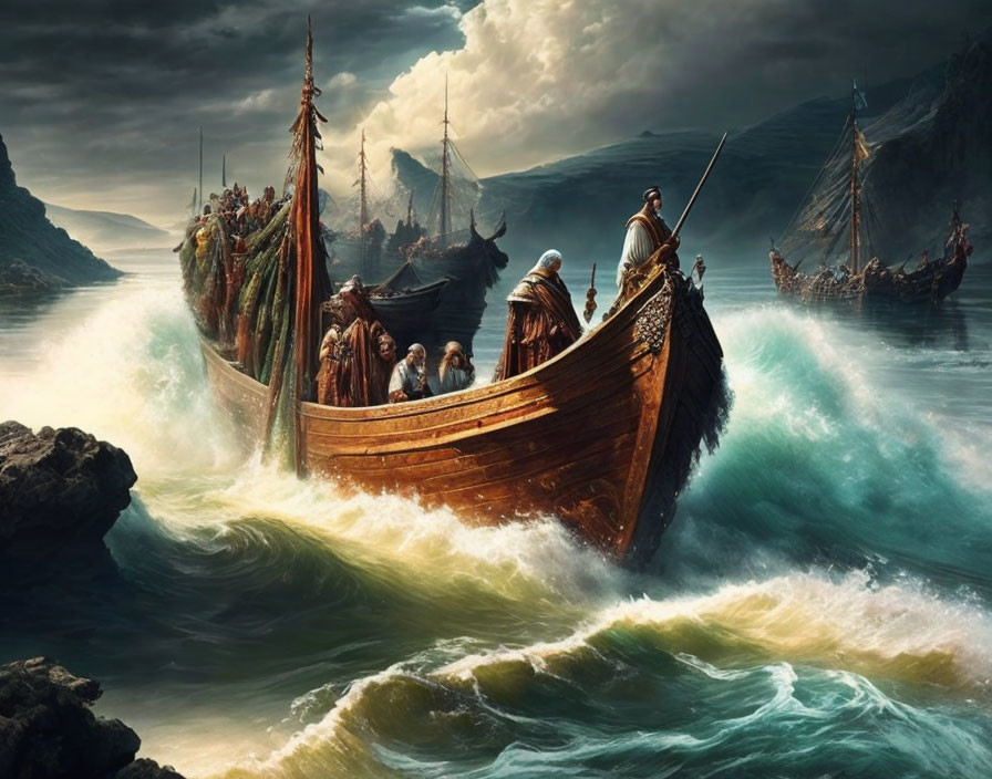 Viking ships sailing turbulent seas with warriors under dramatic sky