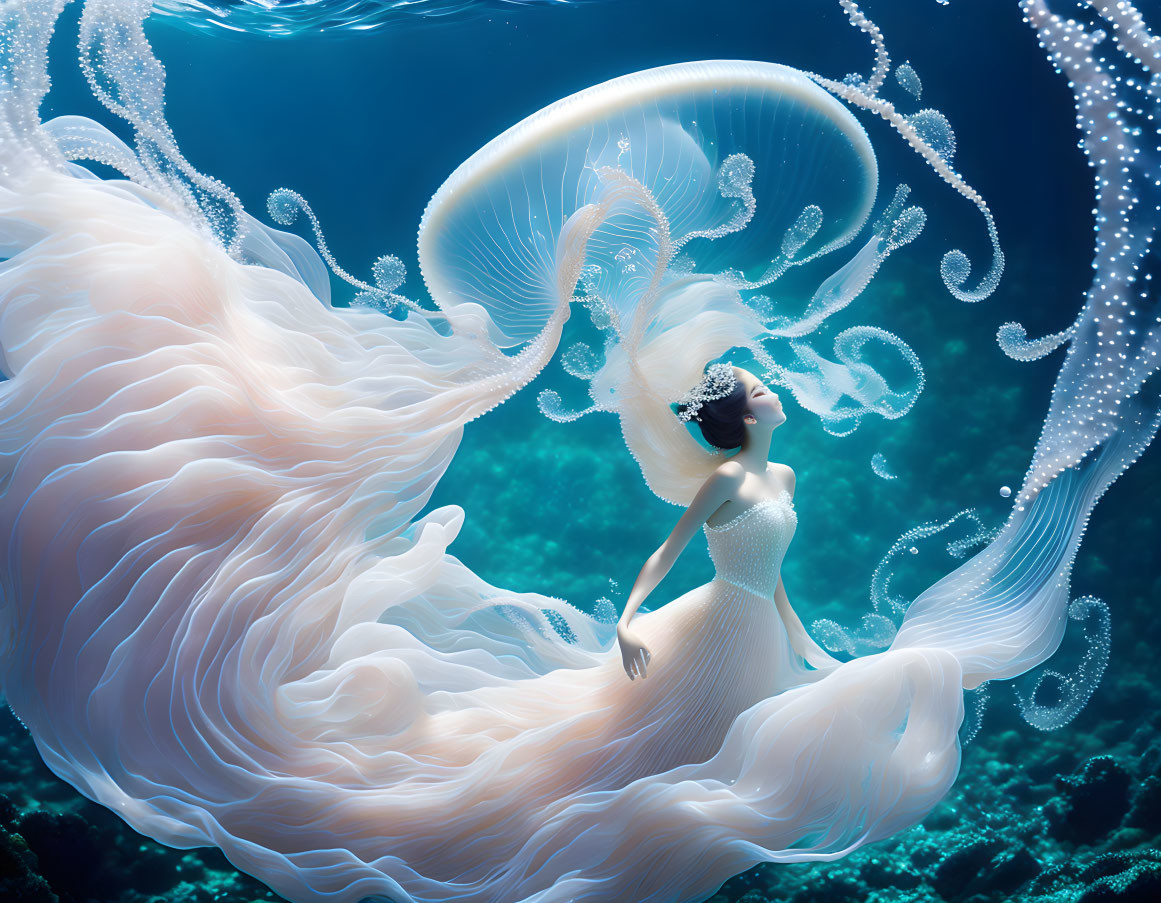 Woman with jellyfish-like features floating underwater in flowing dress