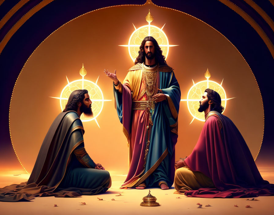 Three robed figures with halos in symbolic illustration