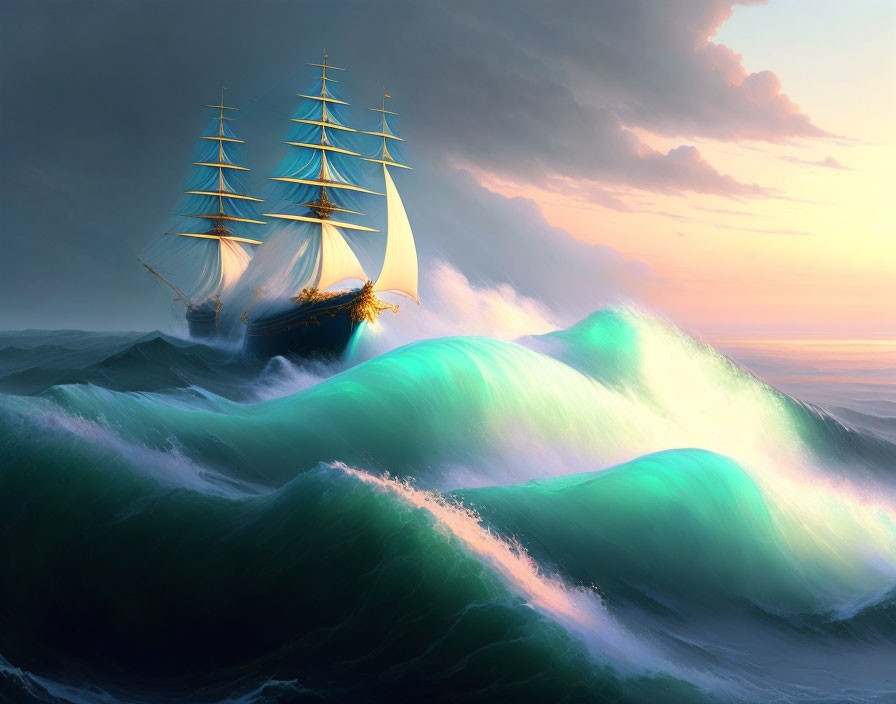 Majestic sailing ship on turquoise waves under dramatic sky