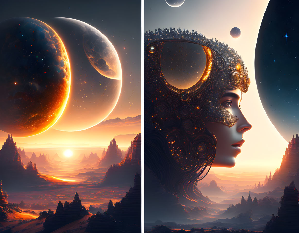 Surreal landscape with large planet and woman in ornate headdress