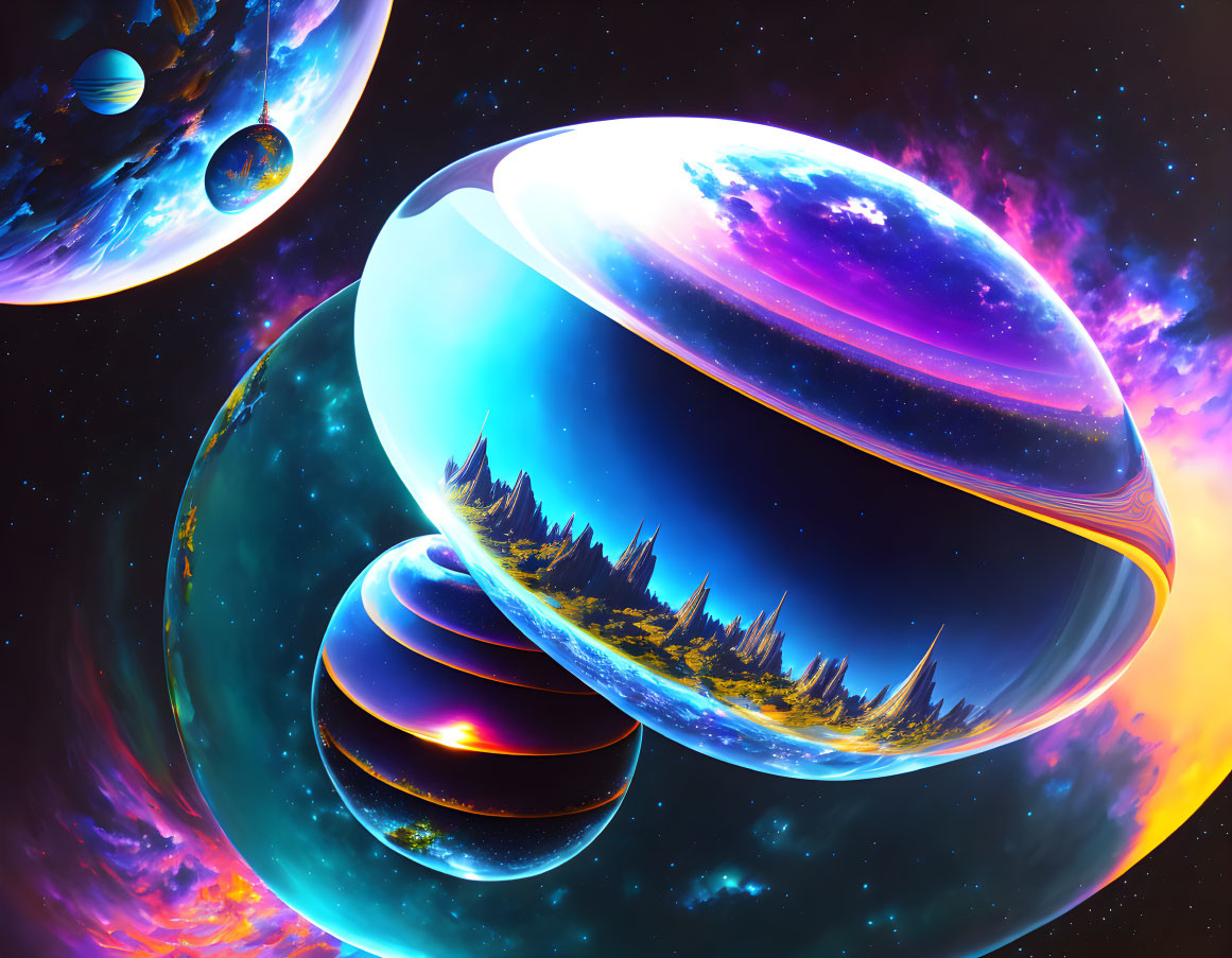 Surreal planets with swirling colors and cosmic backdrop