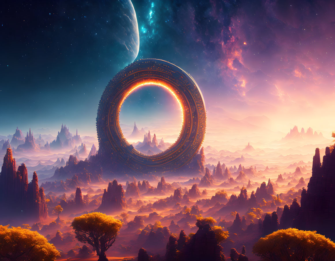 Glowing ring structure over alien forest with planet backdrop