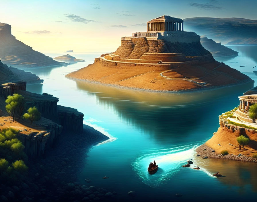 Mythical Greek temple on cliff by tranquil river