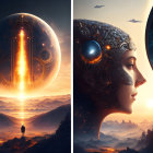 Surreal landscape with large planet and woman in ornate headdress