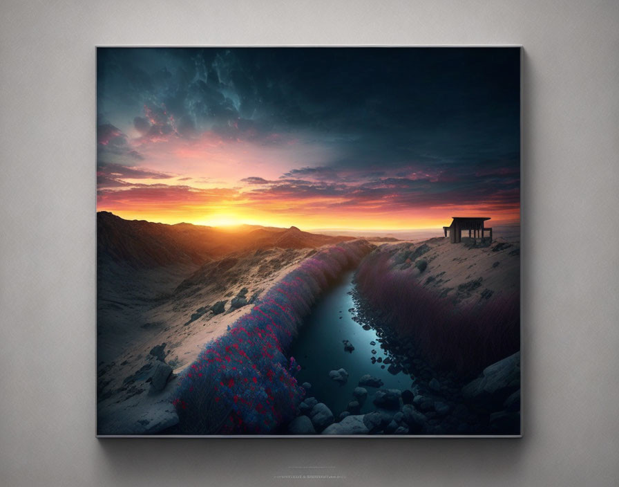 Serene Twilight Landscape with Vibrant Sunset and Dark Dunes