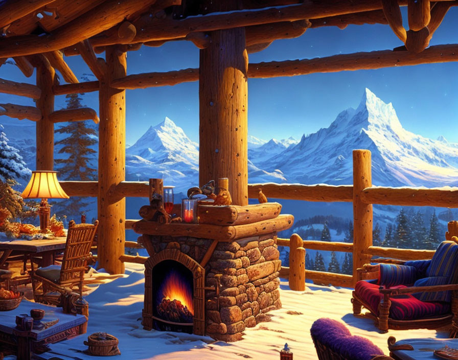 Rustic mountain cabin interior with fireplace and snowy alpine view