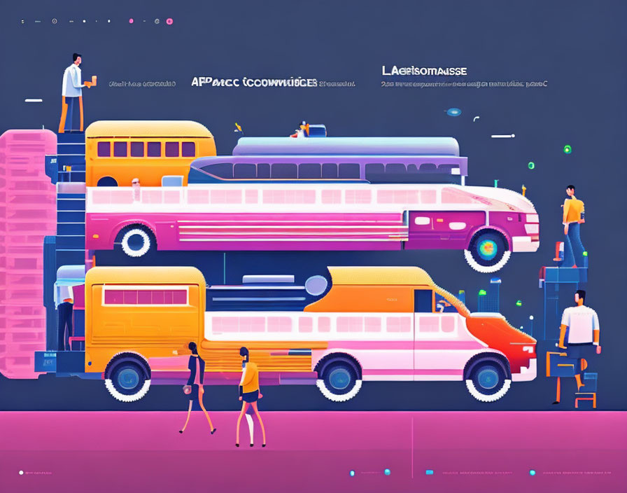 Vibrant illustration of buses and people in urban setting