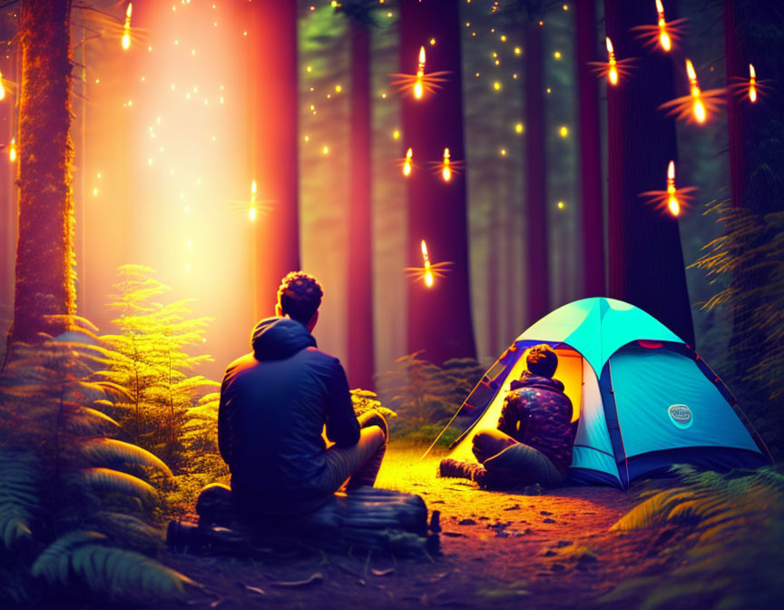 Person sitting by tent in magical forest with towering trees and floating lights